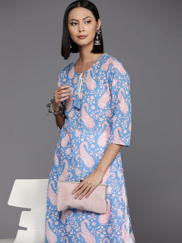 Varanga Women Blue Abstract Printed Round Neck With Drawstring Details Straight Kurta
